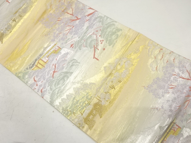 アンティーク　プラチナ二重箔　京名所模様織り出し袋帯（材料）